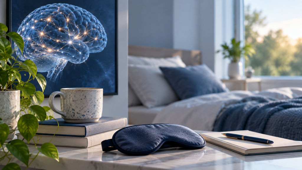 Calm brain health concept representing sleep, memory, cognitive wellness and neurological recovery