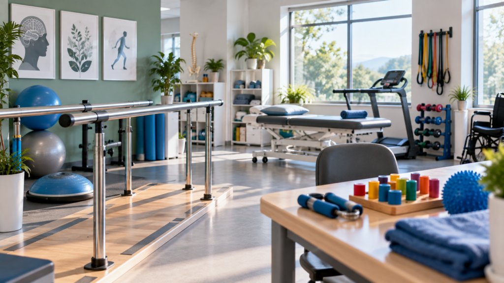 Modern neurological rehabilitation therapy room representing physical, occupational and functional recovery